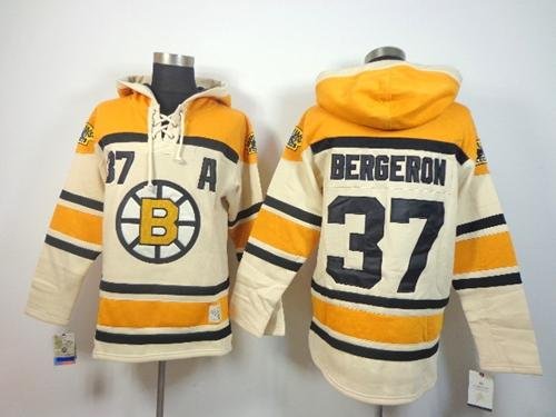 Men's Boston Bruins #37 Patrice Bergeron Cream Sawyer Hooded Sweatshirt Stitched Hoodie Jersey