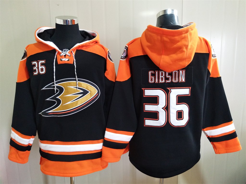 Men's Anaheim Ducks #36 John Gibson Black Orange Lace-Up Pullover Hoodie Jersey